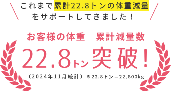 これまで累計22.8トンの体重減量をサポートしてきました！お客様の体重　累計減量数22.8トン突破