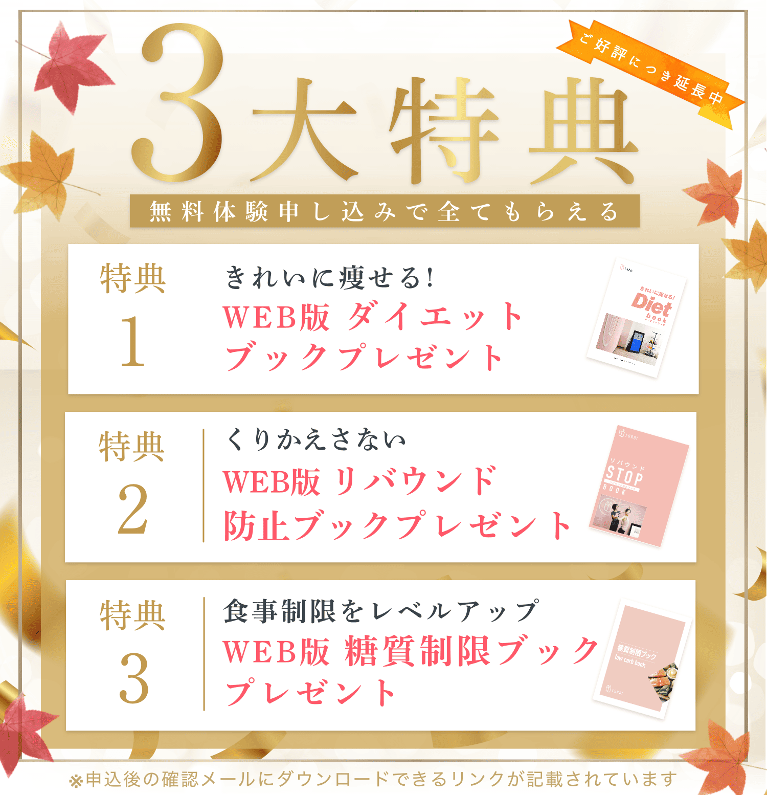 無料体験申し込みで全てもらえる3大特典
